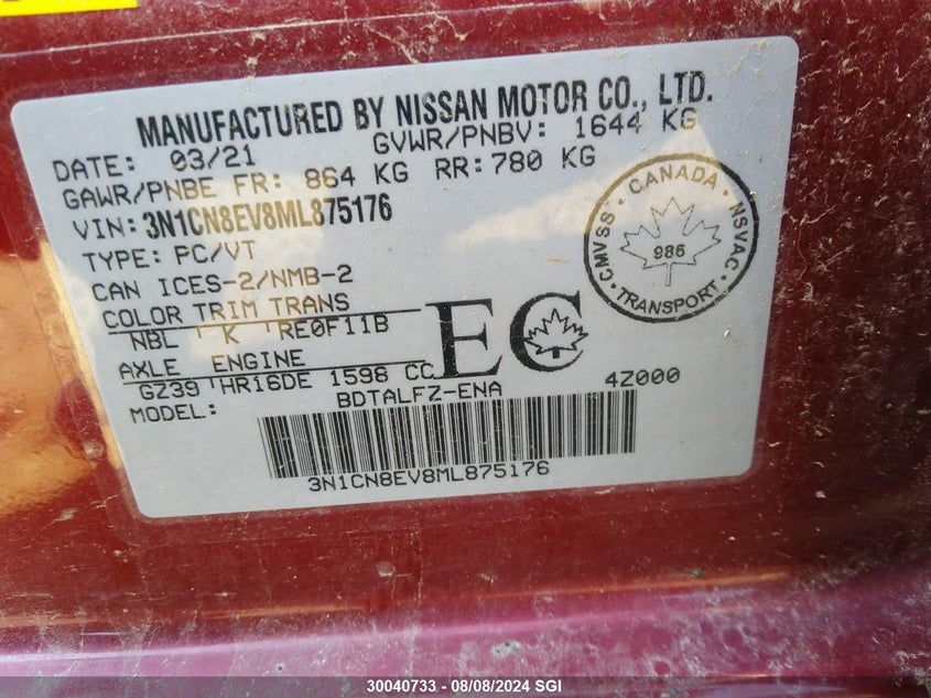 2021 Nissan Versa Sv VIN: 3N1CN8EV8ML875176 Lot: 30040733