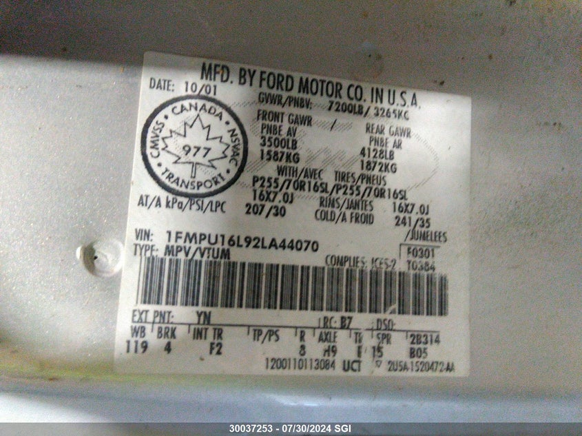 2002 Ford Expedition Xlt VIN: 1FMPU16L92LA44070 Lot: 30037253