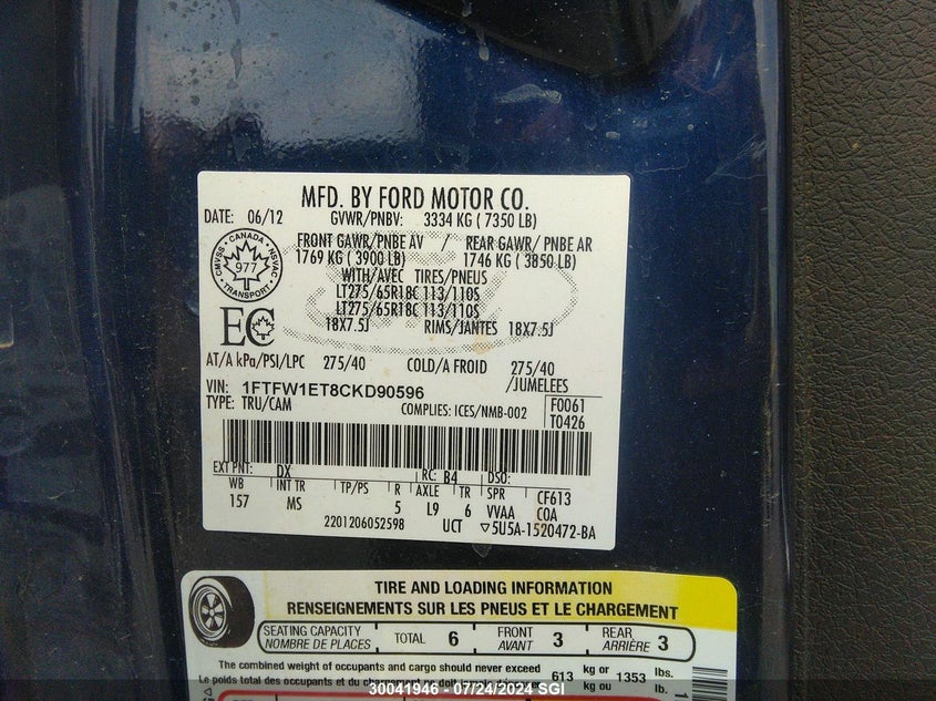 2012 Ford F150 Supercrew VIN: 1FTFW1ET8CKD90596 Lot: 30041946