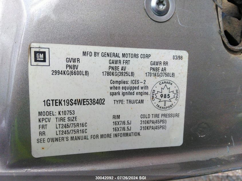 1998 GMC Sierra K1500 VIN: 1GTEK19S4WE538402 Lot: 30042092