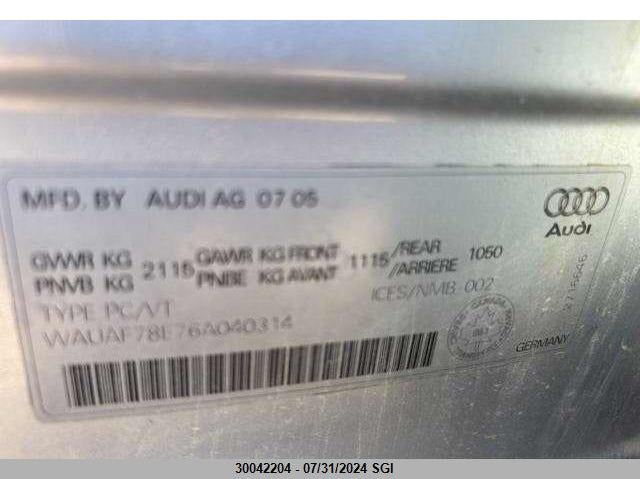 2006 Audi A4 VIN: WAUAF78E76A040314 Lot: 30042204
