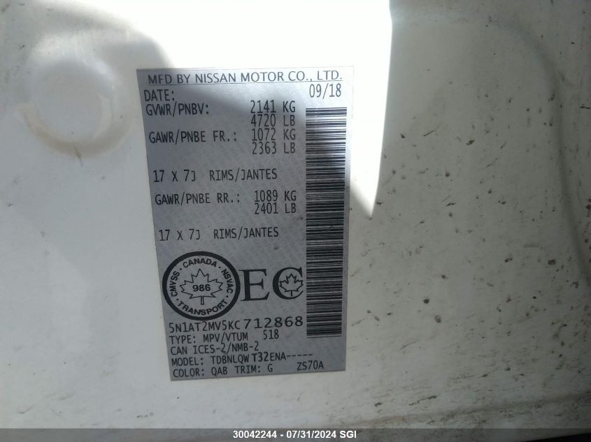 2019 Nissan Rogue S/Sl/Sv VIN: 5N1AT2MV5KC712868 Lot: 30042244