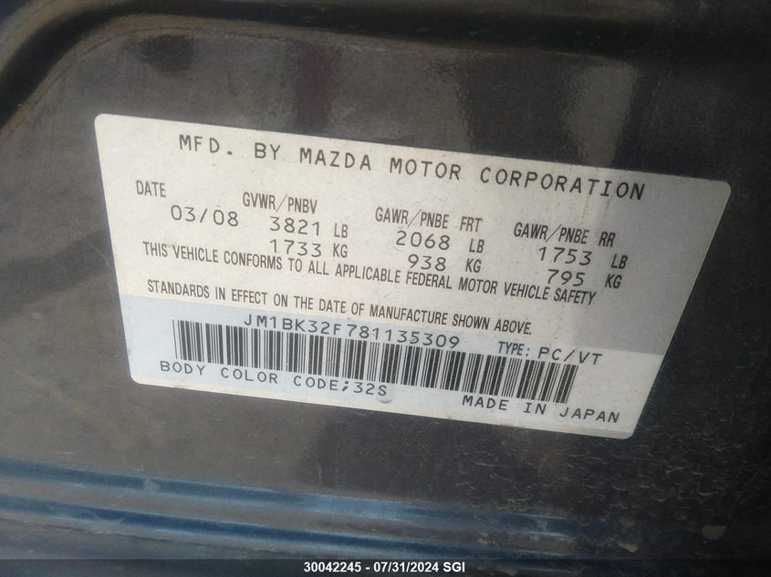2008 Mazda 3 I VIN: JM1BK32F781135309 Lot: 30042245