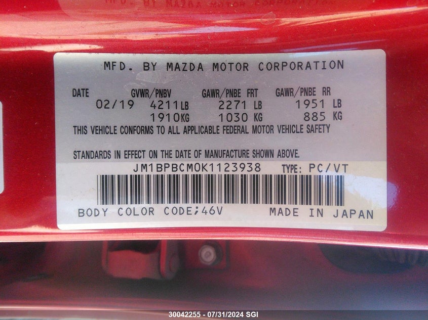 2019 Mazda 3 Preferred Plus VIN: JM1BPBCM0K1123938 Lot: 30042255