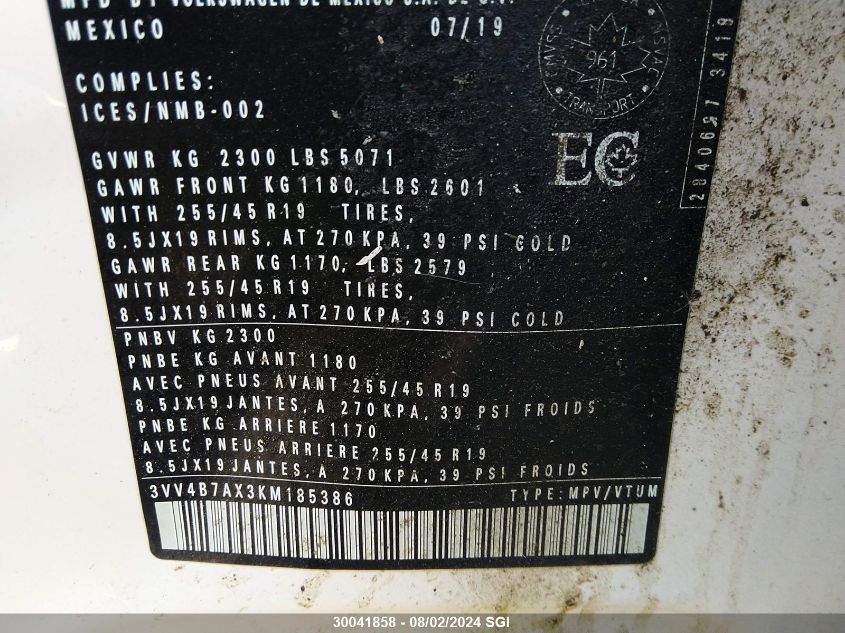 2019 Volkswagen Tiguan Sel Premium/Sel Premium R-Line VIN: 3VV4B7AX3KM185386 Lot: 30041858