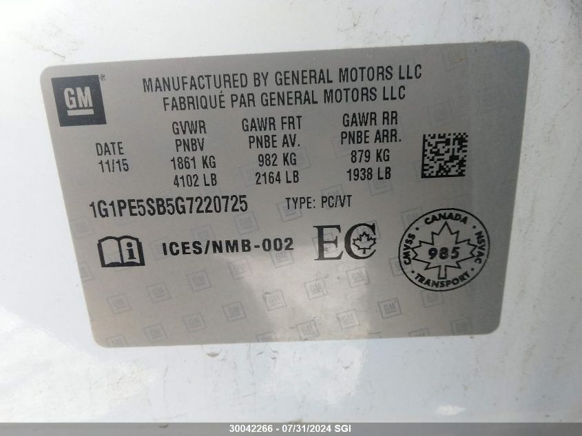 2016 Chevrolet Cruze Limited Lt VIN: 1G1PE5SB5G7220725 Lot: 30042266