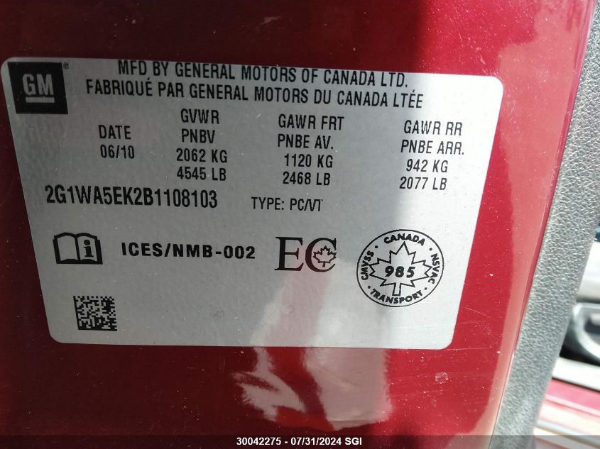 2011 Chevrolet Impala Ls VIN: 2G1WA5EK2B1108103 Lot: 30042275