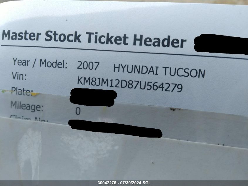 2007 Hyundai Tucson Gl VIN: KM8JM12D87U564279 Lot: 30042276