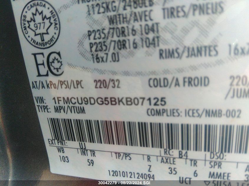 2011 Ford Escape Xlt VIN: 1FMCU9DG5BKB07125 Lot: 30042279