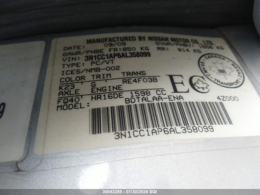 2010 Nissan Versa S/Sl VIN: 3N1CC1AP6AL358099 Lot: 30042289