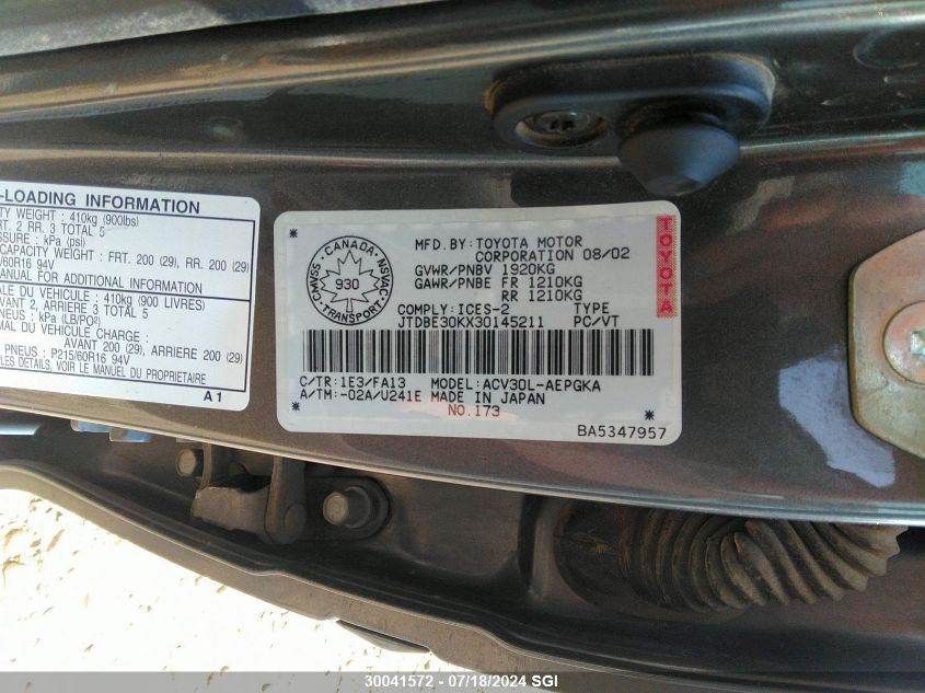 2003 Toyota Camry Le/Xle VIN: JTDBE30KX30145211 Lot: 30041572