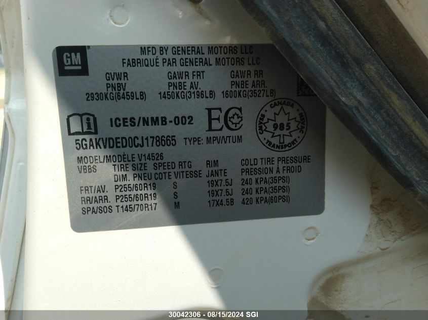 2012 Buick Enclave VIN: 5GAKVDED0CJ178665 Lot: 30042306