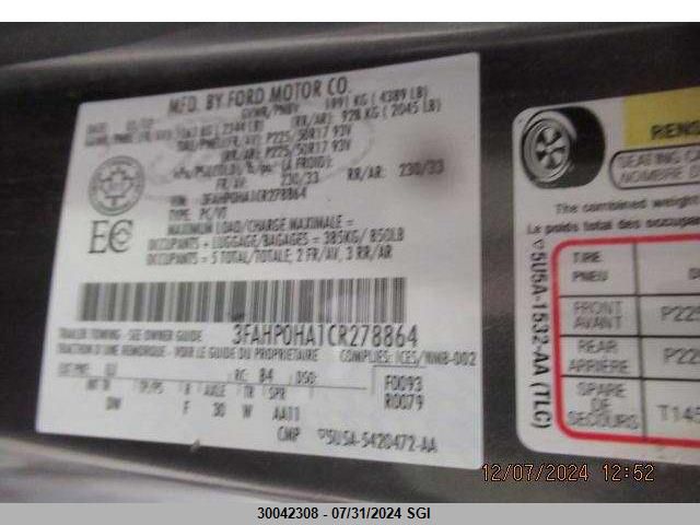 2012 Ford Fusion Se VIN: 3FAHP0HA1CR278864 Lot: 30042308