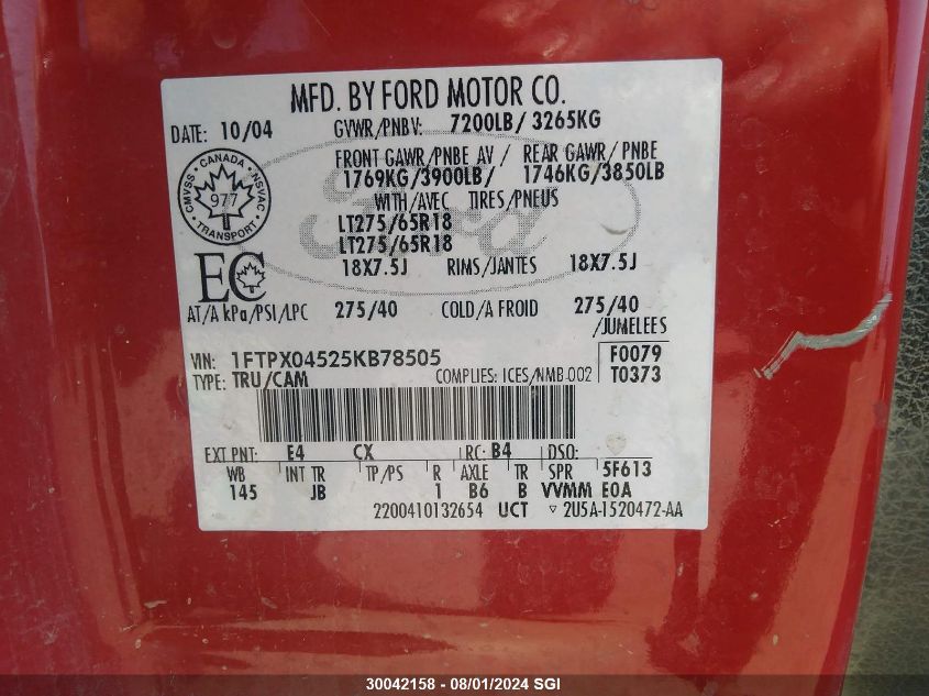 2005 Ford F150 VIN: 1FTPX04525KB78505 Lot: 30042158