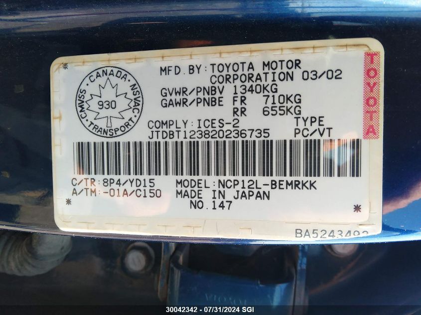 2002 Toyota Echo VIN: JTDBT123820236735 Lot: 30042342