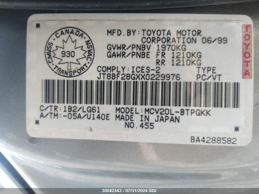 1999 Lexus Es 300 VIN: JT8BF28GXX0229976 Lot: 30042343