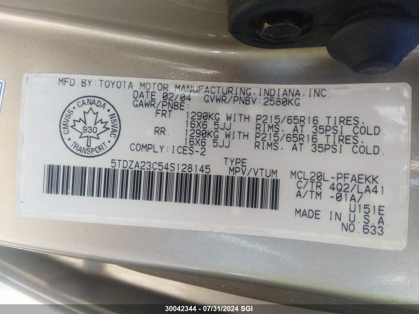 2004 Toyota Sienna Ce/Le VIN: 5TDZA23C54S128145 Lot: 30042344