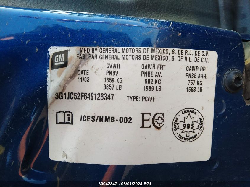 2004 Chevrolet Cavalier VIN: 3G1JC52F64S126347 Lot: 30042347