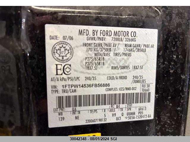2006 Ford F150 Supercrew VIN: 1FTPW14536FB56886 Lot: 30042348
