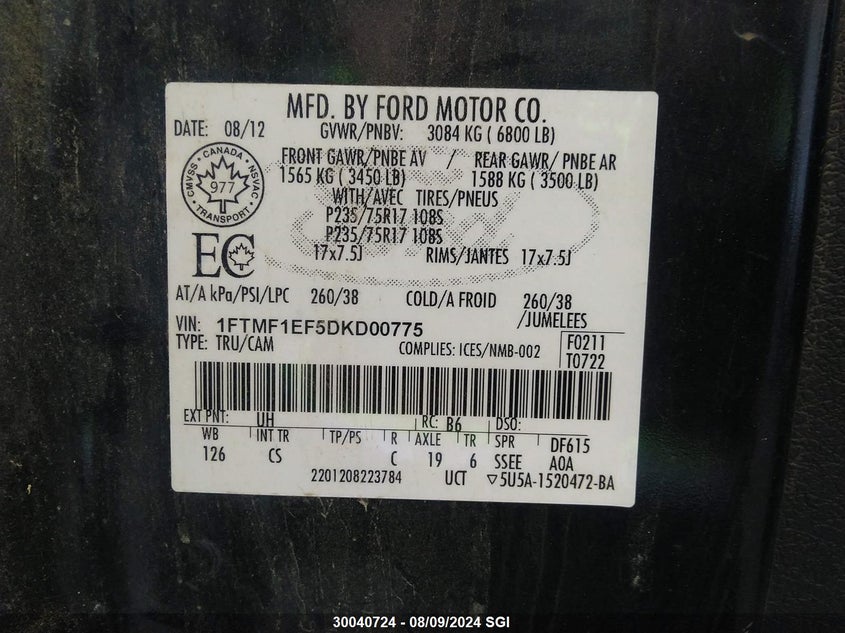 2013 Ford F150 VIN: 1FTMF1EF5DKD00775 Lot: 30040724