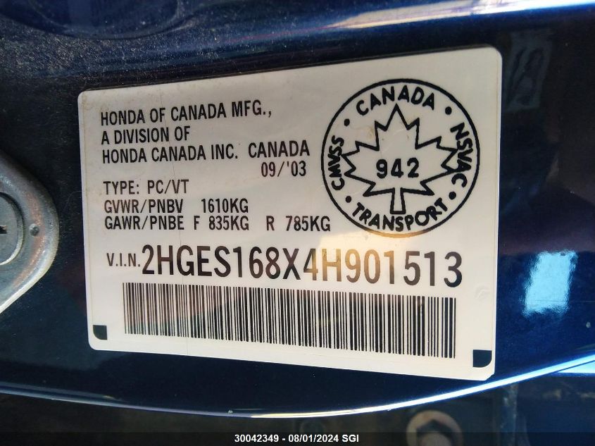 2004 Honda Civic Si VIN: 2HGES168X4H901513 Lot: 30042349