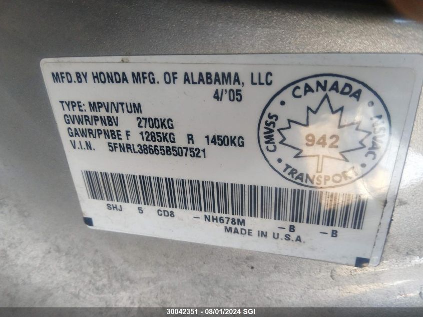 2005 Honda Odyssey Exl VIN: 5FNRL38665B507521 Lot: 30042351