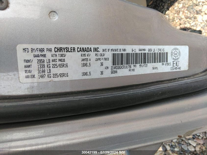 2012 Dodge Grand Caravan Se VIN: 2C4RDGBGXCR101796 Lot: 30042199