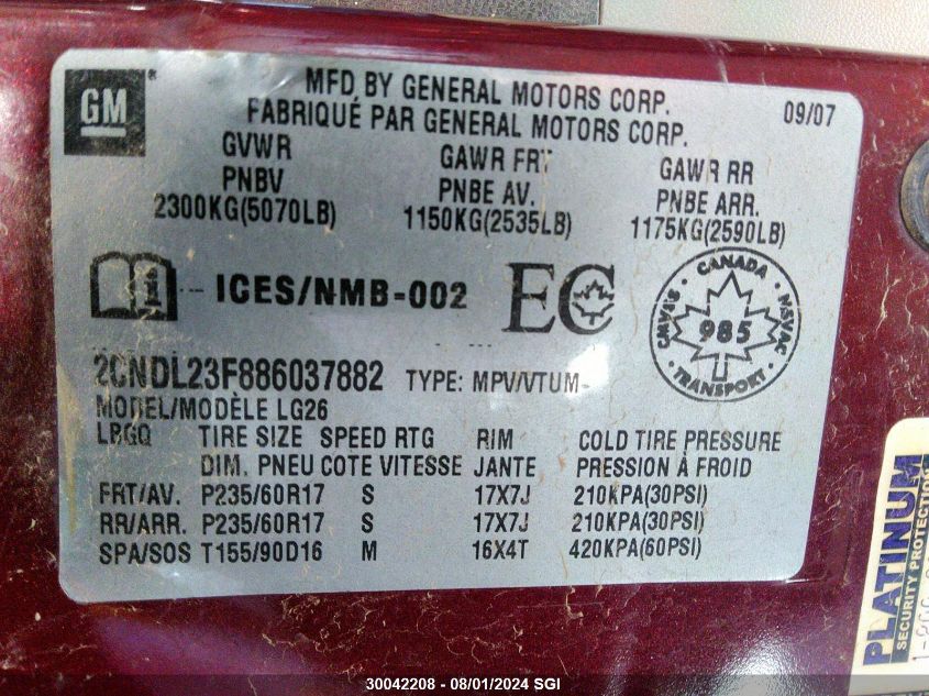 2008 Chevrolet Equinox VIN: 2CNDL23F886037882 Lot: 30042208