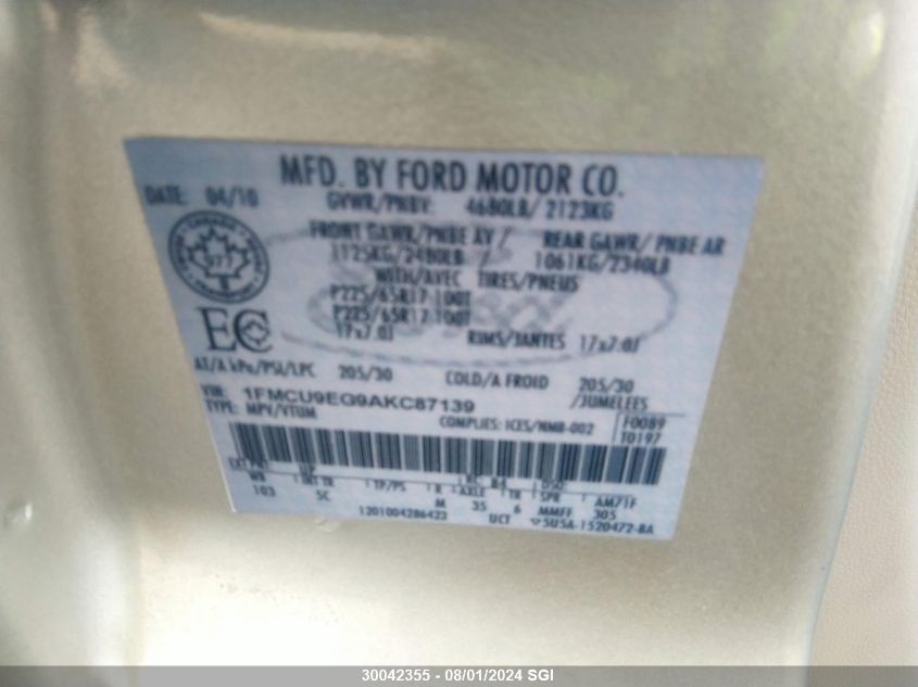 2010 Ford Escape Limited VIN: 1FMCU9EG9AKC87139 Lot: 30042355