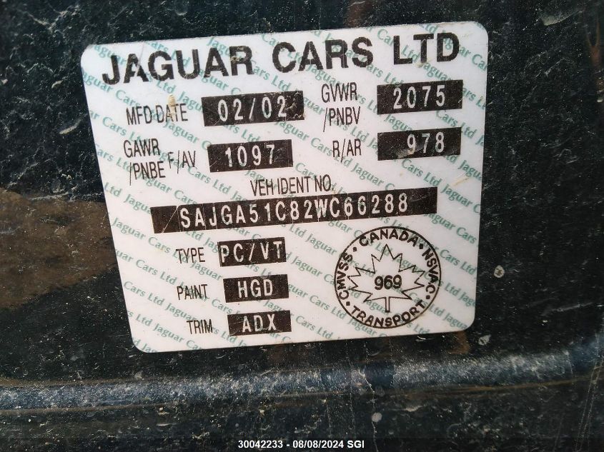 2002 Jaguar X-Type 3.0 VIN: SAJGA51C82WC66288 Lot: 30042233