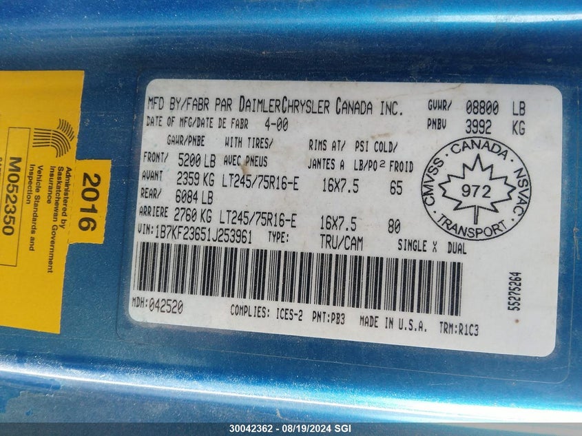 2001 Dodge Ram 2500 VIN: 1B7KF23651J253961 Lot: 30042362