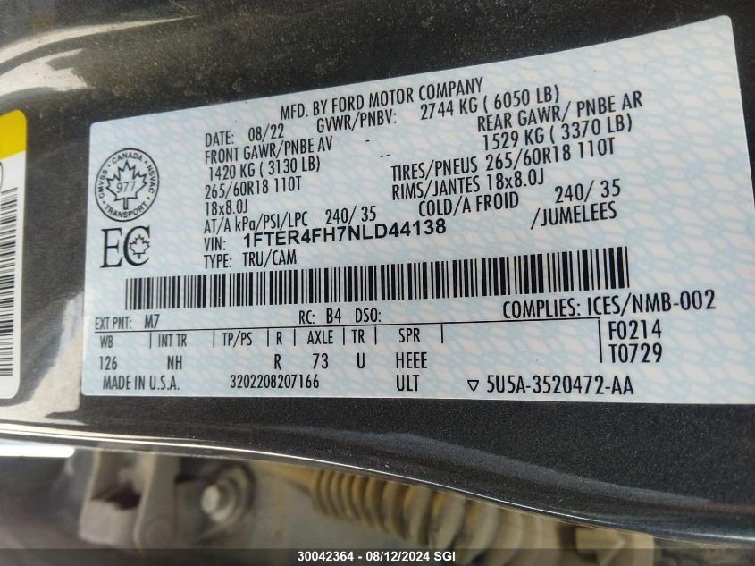 2022 Ford Ranger Xl/Xlt/Lariat VIN: 1FTER4FH7NLD44138 Lot: 30042364