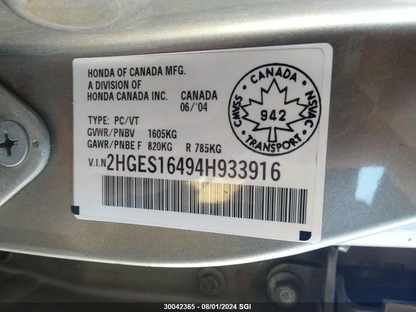2004 Honda Civic Dx VIN: 2HGES16494H933916 Lot: 30042365