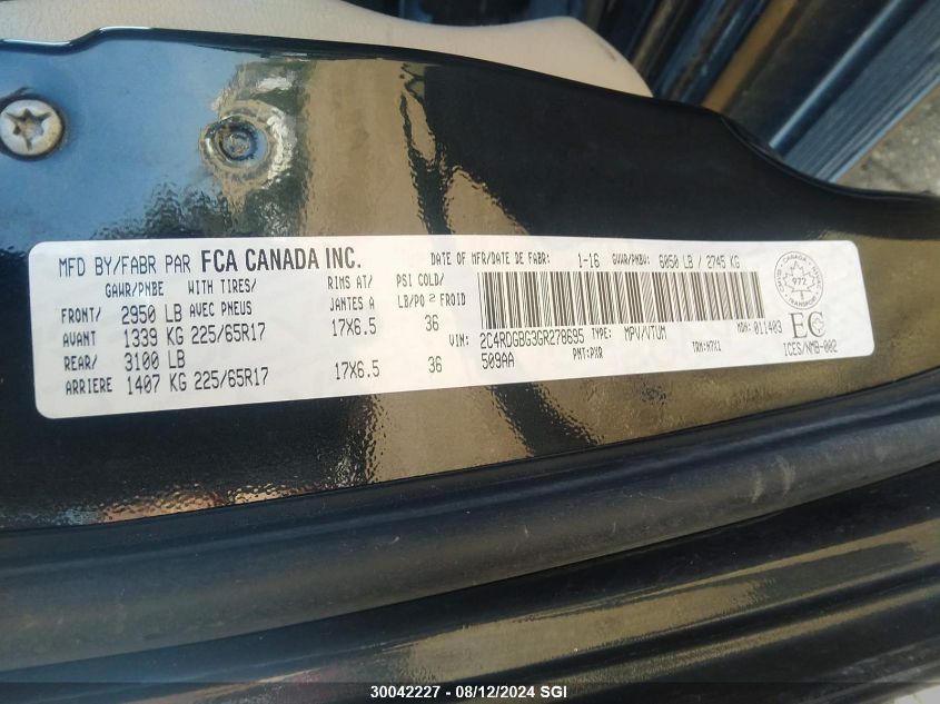 2016 Dodge Grand Caravan Se VIN: 2C4RDGBG3GR278695 Lot: 30042227