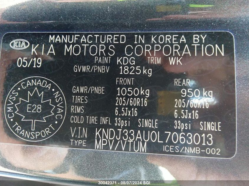 2020 Kia Soul Ex VIN: KNDJ33AU0L7063013 Lot: 30042371