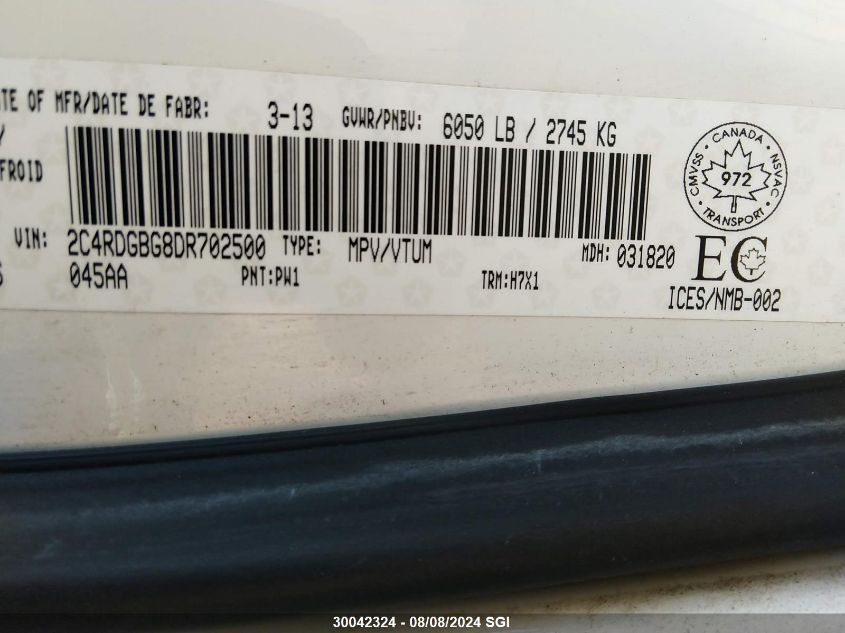 2013 Dodge Grand Caravan Se VIN: 2C4RDGBG8DR702500 Lot: 30042324