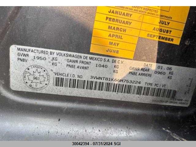 2006 Volkswagen Jetta Tdi Premium Package VIN: 3VWNT81K66M753224 Lot: 30042394