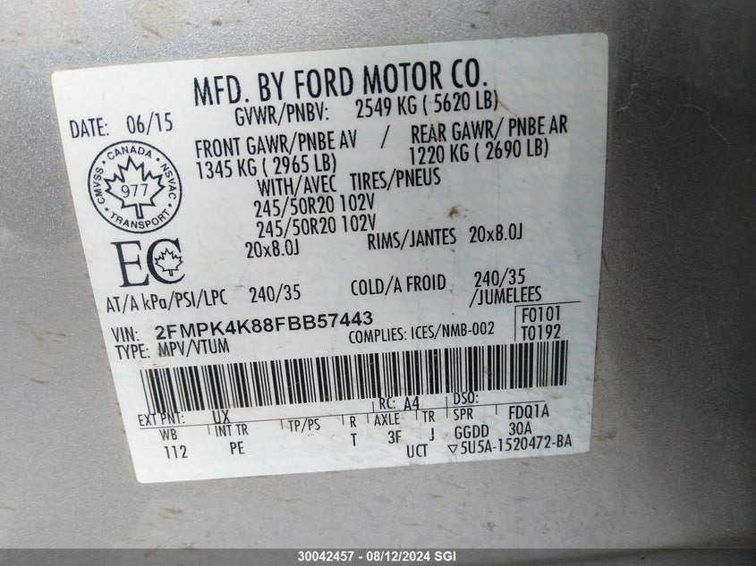 2015 Ford Edge Titanium VIN: 2FMPK4K88FBB57443 Lot: 30042457