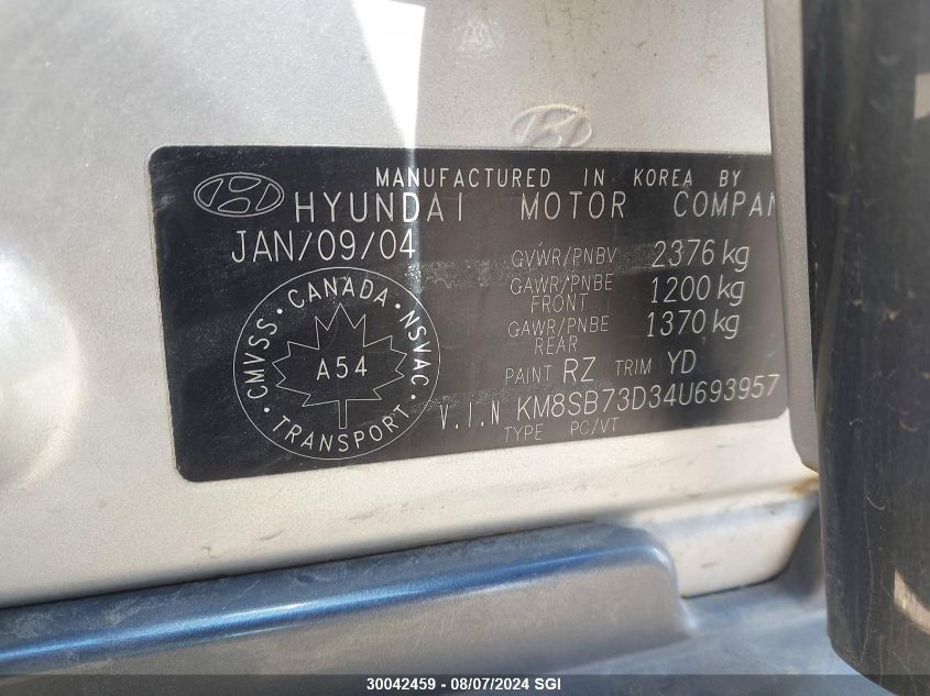2004 Hyundai Santa Fe VIN: KM8SB73D34U693957 Lot: 30042459