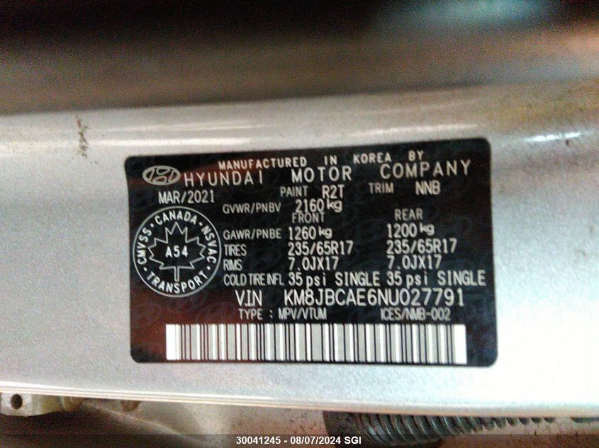 2022 Hyundai Tucson Sel VIN: KM8JBCAE6NU027791 Lot: 30041245