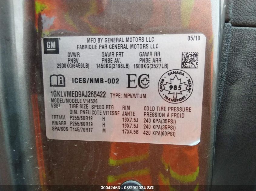 2010 GMC Acadia Slt-1 VIN: 1GKLVMED9AJ265422 Lot: 30042463