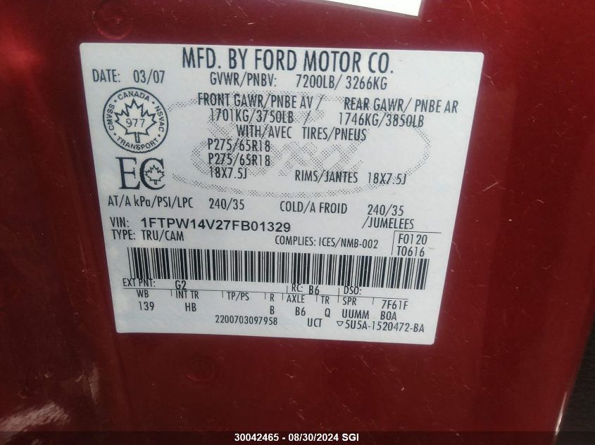 2007 Ford F150 Supercrew VIN: 1FTPW14V27FB01329 Lot: 30042465