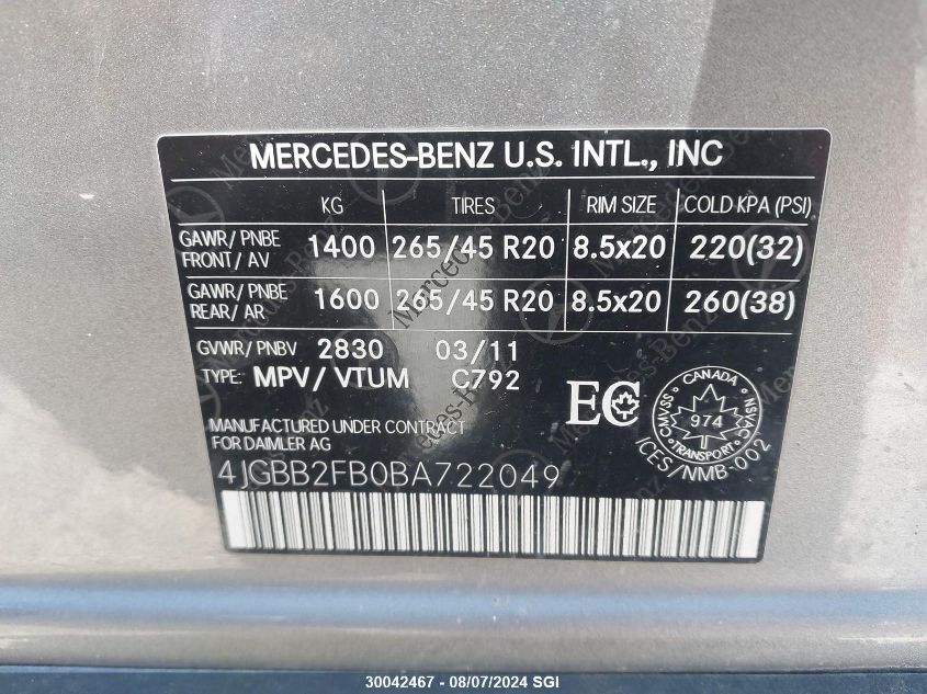 2011 Mercedes-Benz Ml 350 Bluetec VIN: 4JGBB2FB0BA722049 Lot: 30042467