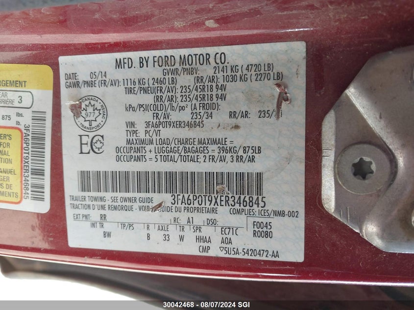 2014 Ford Fusion Se VIN: 3FA6P0T9XER346845 Lot: 30042468