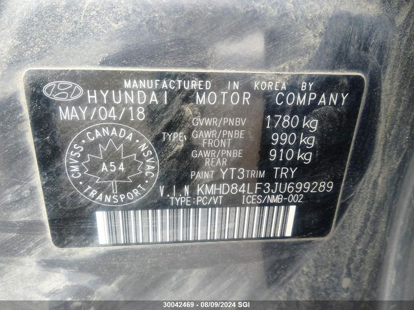 2018 Hyundai Elantra Sel/Value/Limited VIN: KMHD84LF3JU699289 Lot: 30042469