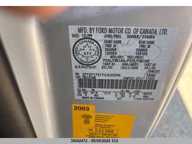 2000 Ford F150 VIN: 2FTZF1721YCA35296 Lot: 30042472