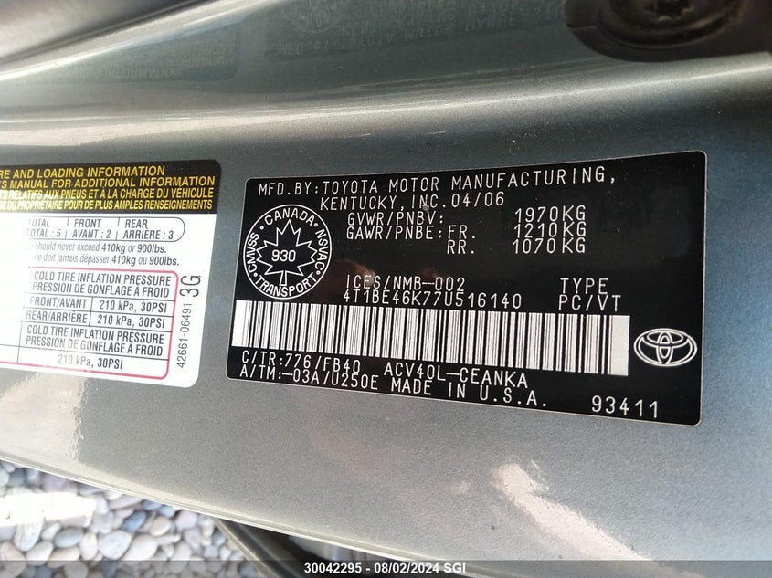 2007 Toyota Camry Ce/Le/Xle/Se VIN: 4T1BE46K77U516140 Lot: 30042295