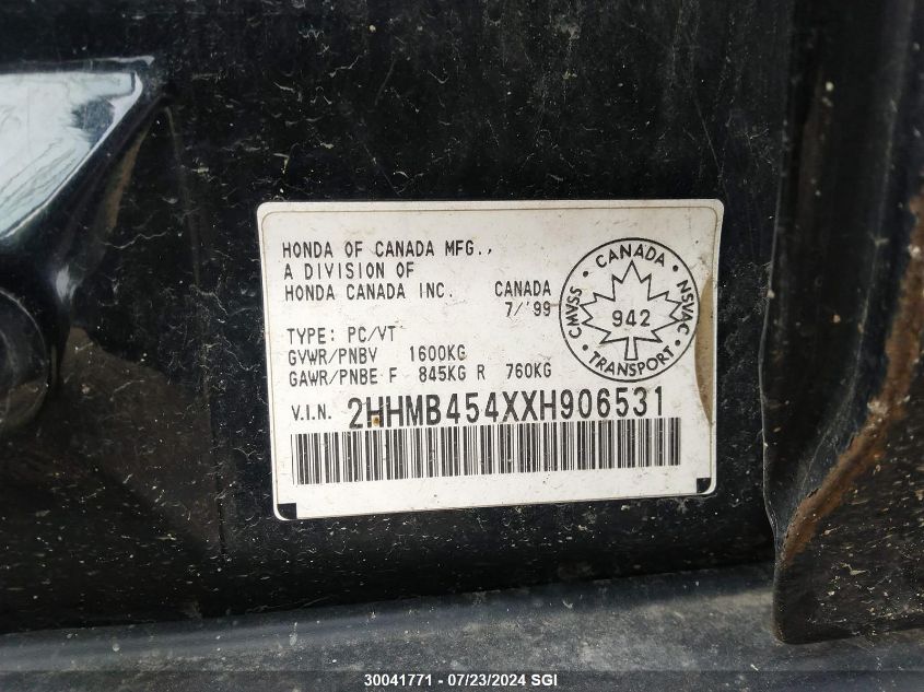 1999 Acura 1.6El Se VIN: 2HHMB454XXH906531 Lot: 30041771