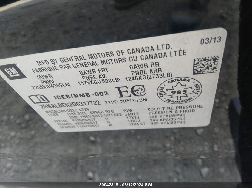 2013 Chevrolet Equinox Ls VIN: 2GNALBEK2D6317722 Lot: 30042315