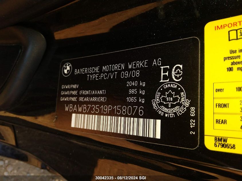 2009 BMW 335 I VIN: WBAWB73519P158076 Lot: 30042335